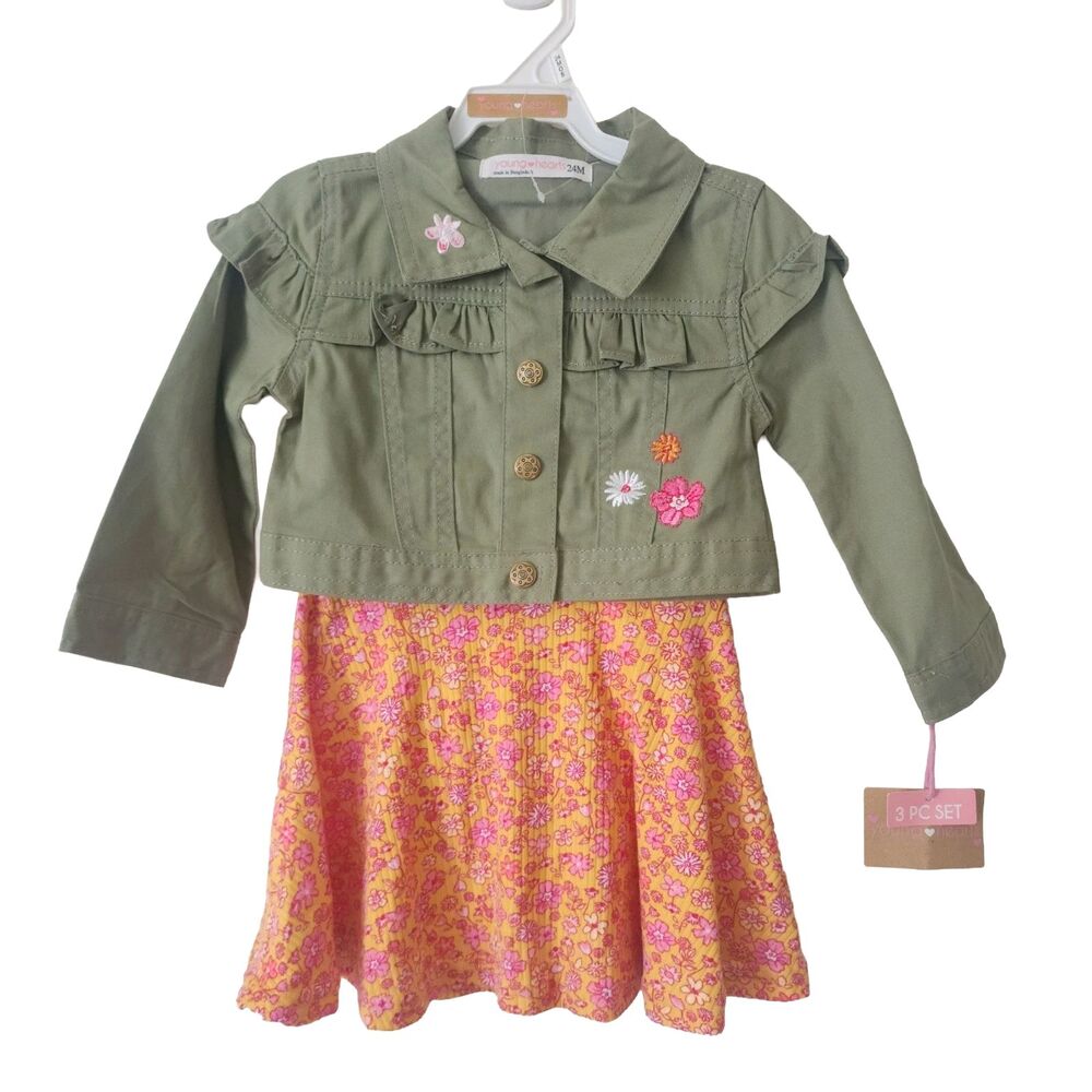 NWT Young Hearts Toddler Girls 3Pc Set Jacket Dress Panty Green Orange Pink 24M